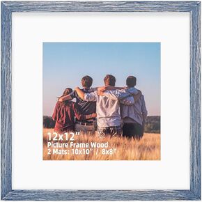 Metchite 12x12 Picture Frame Set,Solid Wood,Display Pictures 8x8 10x10 with Mat or 12x12 Without Mat,Stable Sturdy Square Hanging Picture Frames for Wall Mounting or Tabletop (Blue)