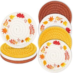 Whaline 4 Pack Halloween Handmade Braided Drink Coasters Black Orange Pumpkins Witch Hats Absorbent Cotton Cup Coasters Heat Resistant Cup Mats for Halloween Home Kitchen Office Table Decor, 4.3 Inch