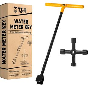 Water Meter Key 17 Inch - 4-way Multi-Functional Utility Key Included - Strong Water Shut Off Tool Wrench T-handle for Curb Main and Water Meters