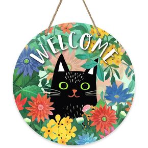 Deroro Welcome Spring Black Cat Sign for Front Door Decor, Daisy Flowers Floral Wood Door Hanger for Outdoor Outside Porch, Seasonal Summer Farmhouse Wooden Wreath Indoor Wall Hanging Decoration