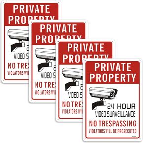 4-Pack 24hour Video Surveillance Sign No Trespassing Signs Private Property Outdoor 10" x 7" Reflective Aluminum Metal Warning Sign Security Camera Sign for Home Business Driveway Alert CCTV Lawn