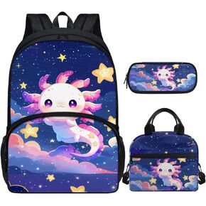 Axolotl Girls Backpack Ages 6-8 Cartoon School Bag for Kindergarten Child 3rd Grade Book Bag Set 3 Piece Lunch Box Pencil Case Back to School Gift