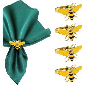 Bee Napkin Rings Set of 4,Yellow Honeybee Napkin Holders Gold Metal Napkin Buckle Bulk for Party Decoration, Dinning Table, Everyday, Family Gatherings (Bee Two)