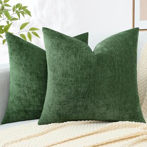 decorUhome Couch Throw Pillow Covers 18x18 Set of 2, Decorative Soft Chenille Solid Dyed Pillow Covers for Sofa Bed Living Room, Moss Green