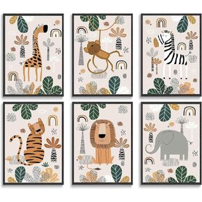 6Pcs Safari Animals Nursery Wall Art Boho Neutral Jungle Animal Wall Decor Pictures Kids Room Canvas Posters Prints for Classroom Theme Baby Children's Bedroom Decoration, Unframed (Posters, 8"x10"x6 pcs)