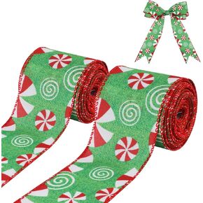 PEUTIER 2 Rolls Christmas Ribbons Wired 2.48" Wide Christmas Peppermint Candy Ribbon Decorations Xmas Tree Ribbons