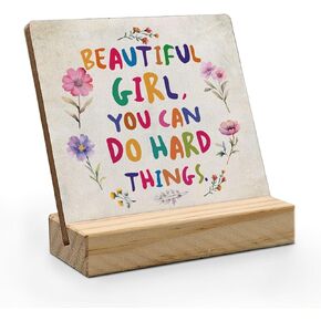 Beautiful Girl You Can Do Hard Things Desk Decor, Inspirational Quotes Wood Plaque, Cheer Up Gifts for Women, Motivational Wooden Plaque Sign with Wood Stand for Girls Room Bedroom Playroom