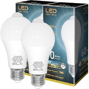 ORALUCE Motion Sensor Light Bulbs Indoor Outdoor 60 watt Equivalent, A19 E26 9W Motion Activated LED Bulb 6000K Cool White, Motion Sensor Light for Garage, Closet, Porch, Stairs, 2 Pack