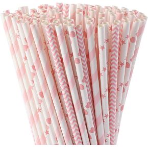 ALINK Biodegradable Pink Paper Straws, Pack of 100 Party Straws for Juice, Cocktail, Smoothies, Birthday, Wedding, Bridal/Baby Shower and Christmas Decorations