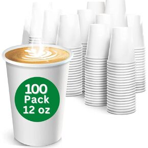 12 oz - 100 Pack White Paper Hot Cups l Disposable Coffee Cups l Thickened 350gsm Paper Design l Heavy Duty