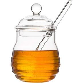 Mkono Honey Dispenser Glass Honey Jar with Dipper and Lid Honey Pot Container for Home Kitchen Storing Honey and Syrup,9 Ounce