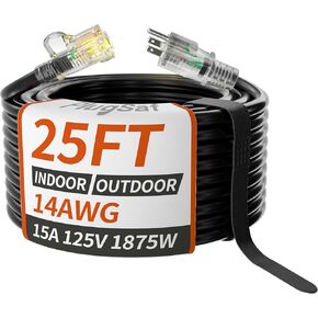 14/3 Gauge Black Outdoor Extension Cord 50 ft Waterproof with Lighted Indicator, Cold Weatherproof -40°C, Flexible 3 Prong Extension Cord Outside,15A 1875W 14AWG SJTW, ETL Listed
