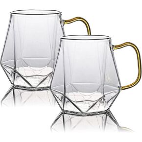 10 oz Clear Glass Espresso Cups Set of 2 Coffee Cups with Handle Crystal Coffee Mug Borosilicate Heat Resistant for Liquor Tea Beverages Milk Latte Cappuccino