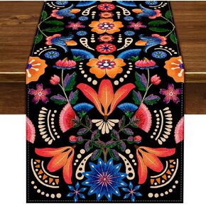 Nepnuser Linen Mexican Fiesta Table Runner Cinco de Mayo Mexico Dia De Los Muertos Party Decoration Home Dining Room Kitchen Altar Decor-72inches