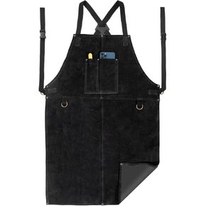 Leather Welding Work Apron - Heat Resistant & Flame Resistant Bib Apron, Flame Retardant Heavy Duty BBQ Apron