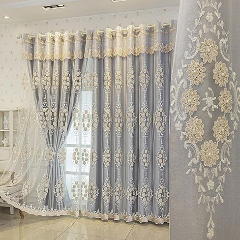 Amidoudou 1 Pair European Double Layer Curtains with Valance for Living Room Bedroom 3D Flower Embroidered Curtains (Grey,51x84 Inch) in Saudi Arabia
