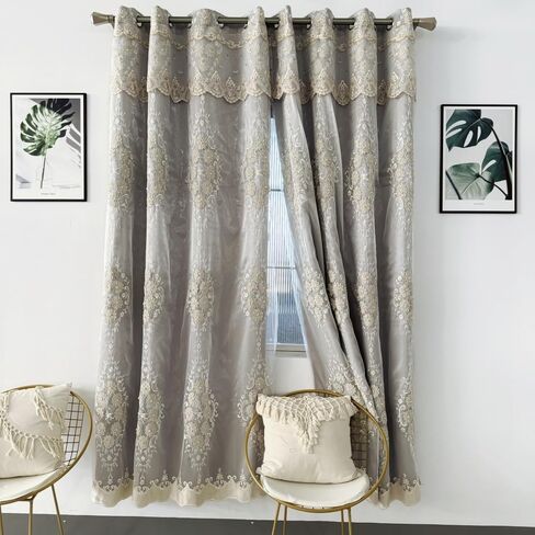 Amidoudou 1 Pair European Double Layer Curtains with Valance for Living Room Bedroom 3D Flower Embroidered Curtains (Grey,51x84 Inch) in Saudi Arabia