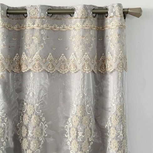 Amidoudou 1 Pair European Double Layer Curtains with Valance for Living Room Bedroom 3D Flower Embroidered Curtains (Grey,51x84 Inch) in Saudi Arabia