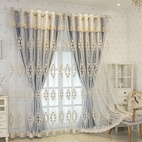 Amidoudou 1 Pair European Double Layer Curtains with Valance for Living Room Bedroom 3D Flower Embroidered Curtains (Grey,51x84 Inch) in Saudi Arabia
