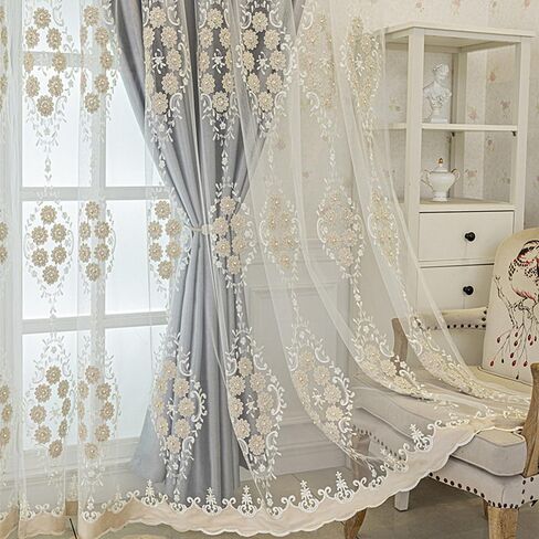 Amidoudou 1 Pair European Double Layer Curtains with Valance for Living Room Bedroom 3D Flower Embroidered Curtains (Grey,51x84 Inch) in Saudi Arabia