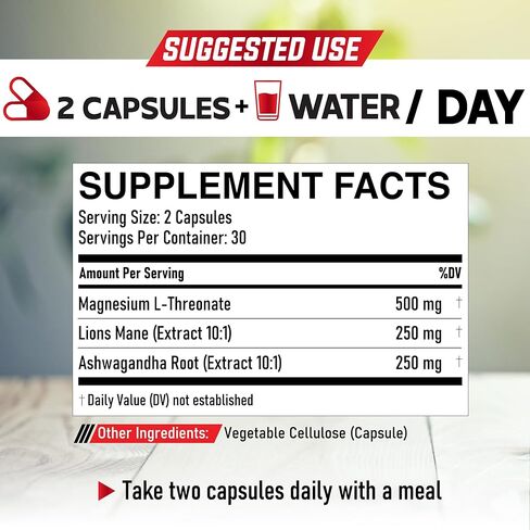 مكمل المغنيسيوم ل-ثريونات مع عرف الأسد وجذور أشواغاندا - 1000 ملجم لكل جرعة لإمدادات 60 قطعة - دعم الصيغة المتقدمة in Kuwait