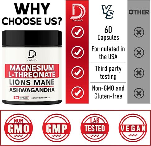 مكمل المغنيسيوم ل-ثريونات مع عرف الأسد وجذور أشواغاندا - 1000 ملجم لكل جرعة لإمدادات 60 قطعة - دعم الصيغة المتقدمة in Kuwait