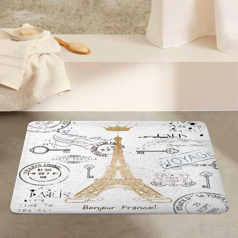 Paris Bath Rug, Eiffel Tower Unisex Non Slip Bath Mats, Golden Lettering European French Crown Retro Stamp Art Bath Rug Sets for Bathroom Bedroom Kitchen Outdoor Indoor,17x29 Inch in Saudi Arabia