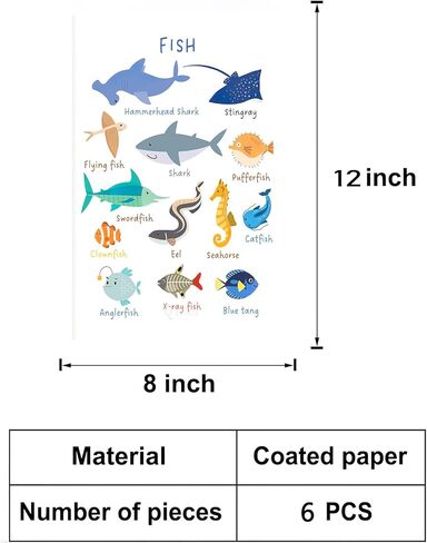 6 Pieces Laminated Educational Preschool Posters for Toddlers,Educational Wall Charts,School classroom Posters,Class decorations for Kindergarten- FISH,BIRDS，MAMMALS，INSECTS,REPTILES，AMPHIBIANS.(No in Kuwait