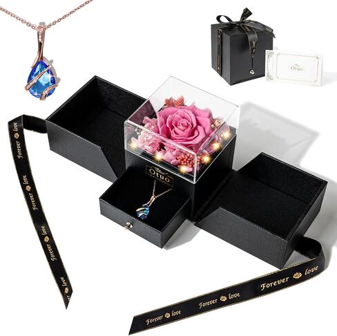 Otuo Preserved Roses Gift Jewerlry Box, Real Eternal Rose Flower with Necklace and Led Mood Light, Gifts for Girlfriend, Mom, Women, Wife, Birthday, Valentine's Day (Red) in Kuwait