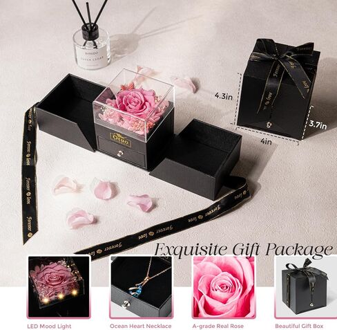 Otuo Preserved Roses Gift Jewerlry Box, Real Eternal Rose Flower with Necklace and Led Mood Light, Gifts for Girlfriend, Mom, Women, Wife, Birthday, Valentine's Day (Red) in Kuwait