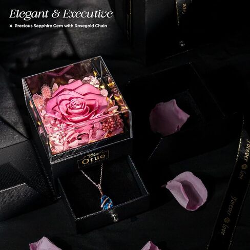 Otuo Preserved Roses Gift Jewerlry Box, Real Eternal Rose Flower with Necklace and Led Mood Light, Gifts for Girlfriend, Mom, Women, Wife, Birthday, Valentine's Day (Red) in Kuwait