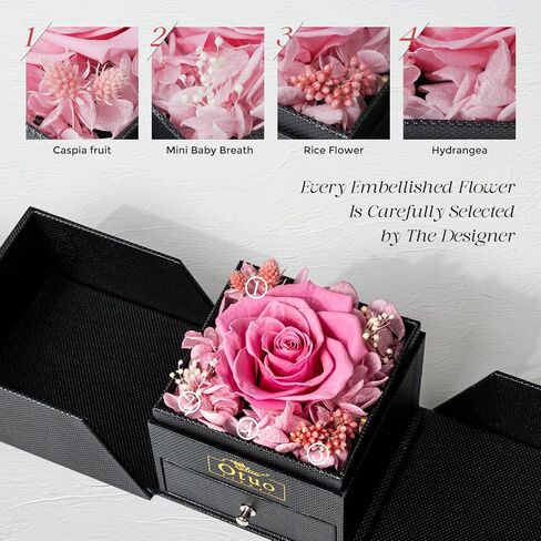 Otuo Preserved Roses Gift Jewerlry Box, Real Eternal Rose Flower with Necklace and Led Mood Light, Gifts for Girlfriend, Mom, Women, Wife, Birthday, Valentine's Day (Red) in Kuwait