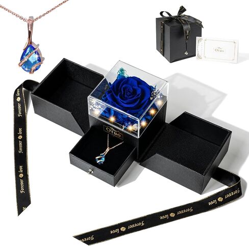 Otuo Preserved Roses Gift Jewerlry Box, Real Eternal Rose Flower with Necklace and Led Mood Light, Gifts for Girlfriend, Mom, Women, Wife, Birthday, Valentine's Day (Red) in Kuwait