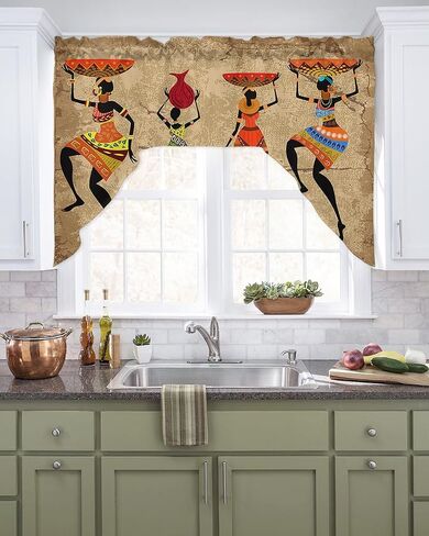 African Women Swag Valance Kitchen Curtains, Rod Pocket Valance Curtain Panels for Bedroom Living Room Bathroom Cafe Windows, Retro Native American Indian Ethnic Bohemian 56''x36'' in Saudi Arabia