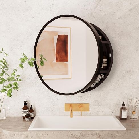 Round Medicine Cabinet Mirror with Shelf, Bathroom Wall Cabinet Medicine Cabinet with Vanity Mirror, Surface Mount Above Toilet Storage Cabinet, Black in Saudi Arabia