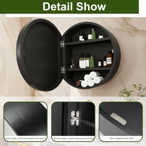 Round Medicine Cabinet Mirror with Shelf, Bathroom Wall Cabinet Medicine Cabinet with Vanity Mirror, Surface Mount Above Toilet Storage Cabinet, Black in Saudi Arabia