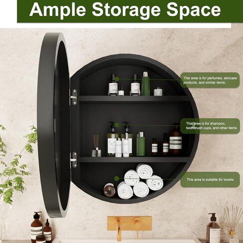 Round Medicine Cabinet Mirror with Shelf, Bathroom Wall Cabinet Medicine Cabinet with Vanity Mirror, Surface Mount Above Toilet Storage Cabinet, Black in Saudi Arabia