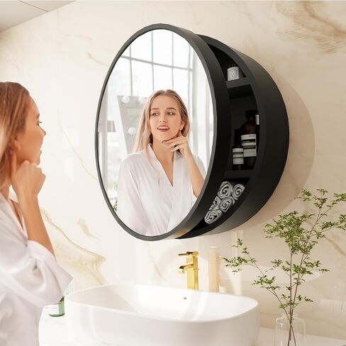 Round Medicine Cabinet Mirror with Shelf, Bathroom Wall Cabinet Medicine Cabinet with Vanity Mirror, Surface Mount Above Toilet Storage Cabinet, Black in Saudi Arabia