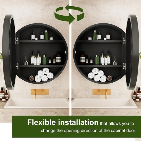Round Medicine Cabinet Mirror with Shelf, Bathroom Wall Cabinet Medicine Cabinet with Vanity Mirror, Surface Mount Above Toilet Storage Cabinet, Black in Saudi Arabia