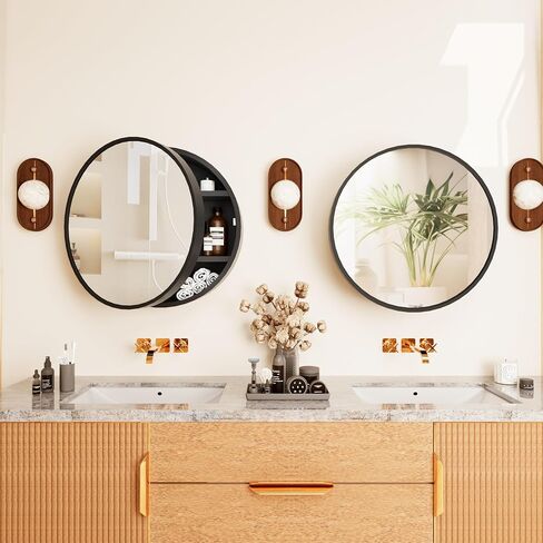 Round Medicine Cabinet Mirror with Shelf, Bathroom Wall Cabinet Medicine Cabinet with Vanity Mirror, Surface Mount Above Toilet Storage Cabinet, Black in Saudi Arabia