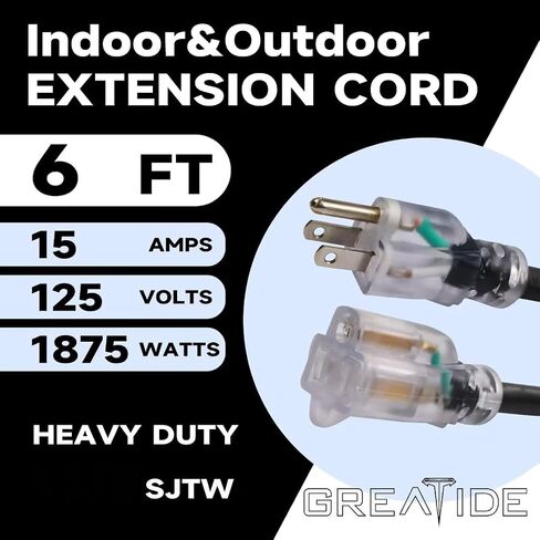 6 Ft Lighted Outdoor Extension Cord - 12/3 SJTW Heavy Duty Black Extension Cable with 3 Prong Grounded Plug - 15 Amp Power Cord for Lawn, Garden, Appliances in Saudi Arabia