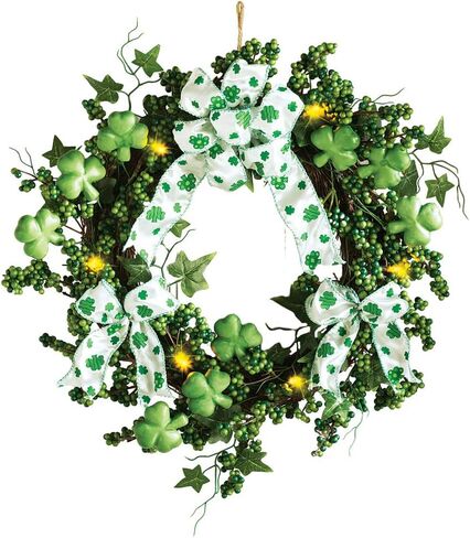 Collections Etc Lighted Shamrock Floral Wreath St. Patrick's Day Decoration Green, 15" Dia in Saudi Arabia