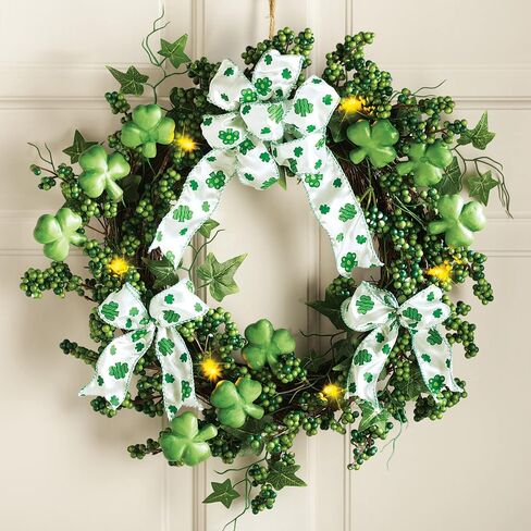 Collections Etc Lighted Shamrock Floral Wreath St. Patrick's Day Decoration Green, 15" Dia in Saudi Arabia