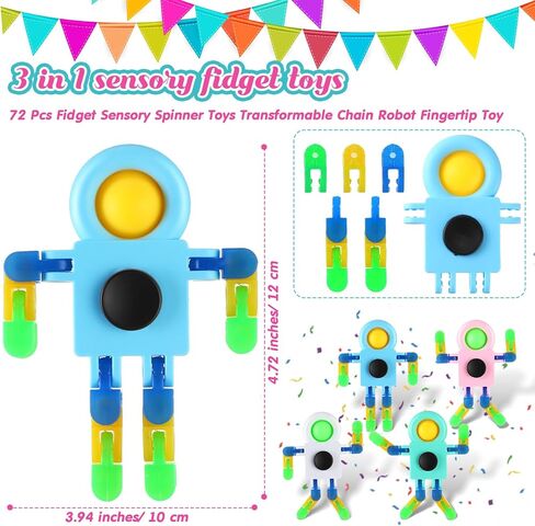 Shappy 72 Pcs Fidget Sensory Spinner Toys Transformable Chain Robot Fingertip Toy Sensory for Anxiety, Stress Relief ADHD Autism Pinata Goodie Bag Stuffers in Kuwait