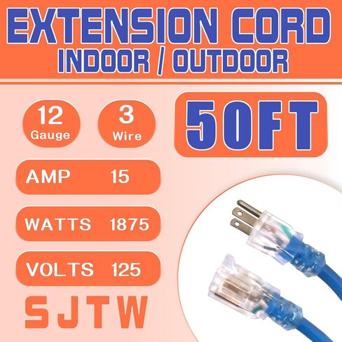 6 Ft Lighted Outdoor Extension Cord - 12/3 SJTW Heavy Duty Black Extension Cable with 3 Prong Grounded Plug - 15 Amp Power Cord for Lawn, Garden, Appliances in Saudi Arabia