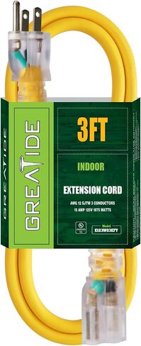 6 Ft Lighted Outdoor Extension Cord - 12/3 SJTW Heavy Duty Black Extension Cable with 3 Prong Grounded Plug - 15 Amp Power Cord for Lawn, Garden, Appliances in Saudi Arabia