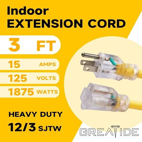 6 Ft Lighted Outdoor Extension Cord - 12/3 SJTW Heavy Duty Black Extension Cable with 3 Prong Grounded Plug - 15 Amp Power Cord for Lawn, Garden, Appliances in Saudi Arabia
