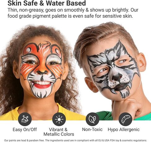 Facepaints Makeup Palette, Facepaint and Body Paint Set, Makeup Kit for Kids Party and Purim Costumes, Make up for Kids and Adults Professional, 18 Colors, 4 Metallic, 3 Brushes 30 Stencils in Kuwait