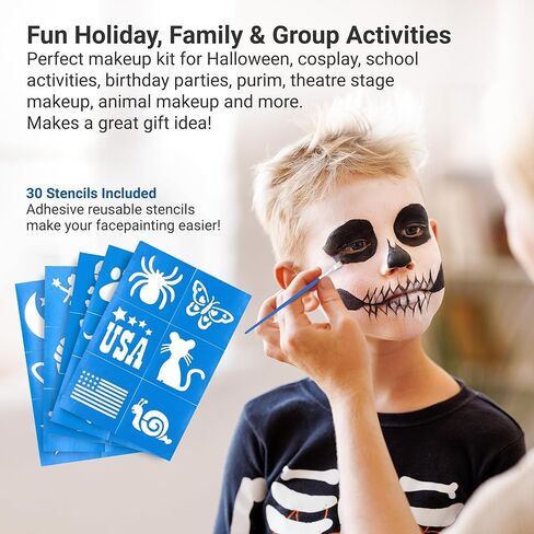 Facepaints Makeup Palette, Facepaint and Body Paint Set, Makeup Kit for Kids Party and Purim Costumes, Make up for Kids and Adults Professional, 18 Colors, 4 Metallic, 3 Brushes 30 Stencils in Kuwait
