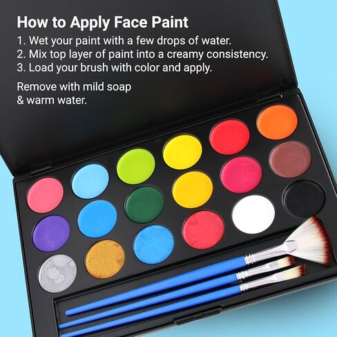 Facepaints Makeup Palette, Facepaint and Body Paint Set, Makeup Kit for Kids Party and Purim Costumes, Make up for Kids and Adults Professional, 18 Colors, 4 Metallic, 3 Brushes 30 Stencils in Kuwait